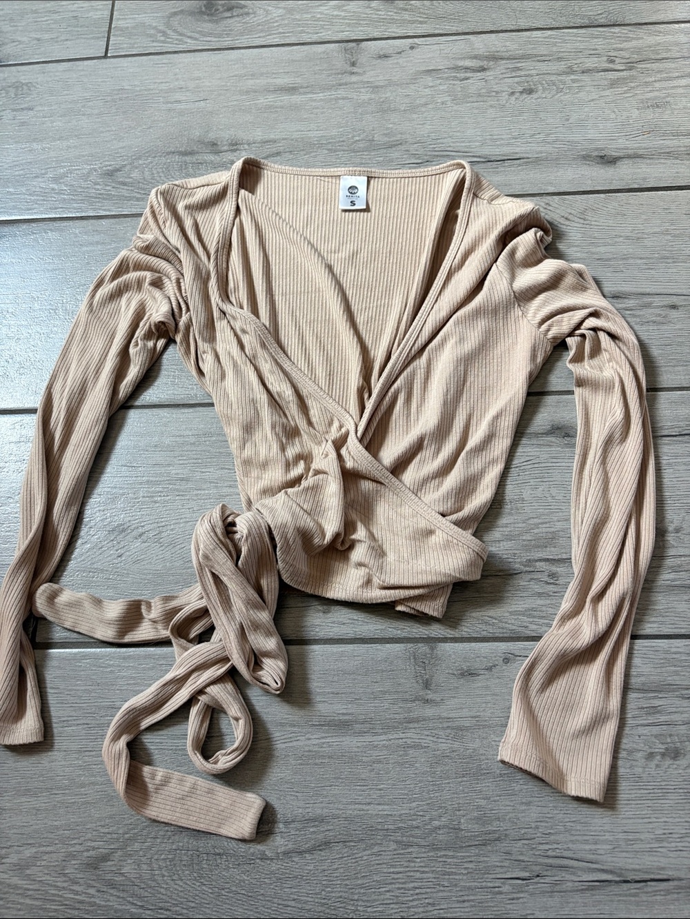 Senita Wrap Ribbed Long-Sleeve Top in Beige
